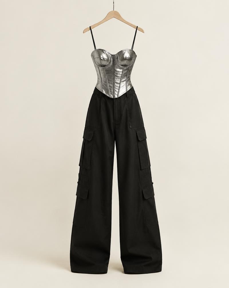Silver corset + black cargos