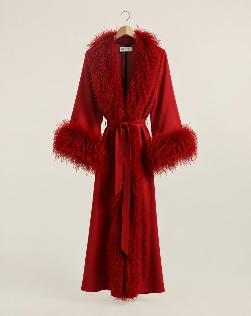 Red feather-trim coat